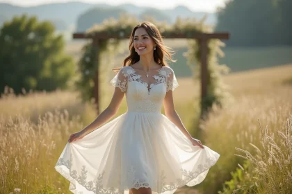 Jeune femme en robe de mariée dans un champ ensoleille