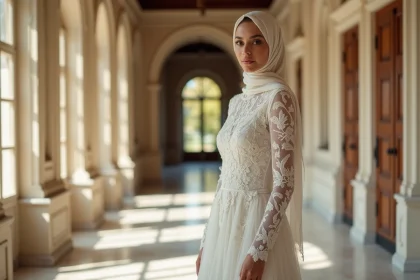 Jeune femme en robe de mariée dans un château français
