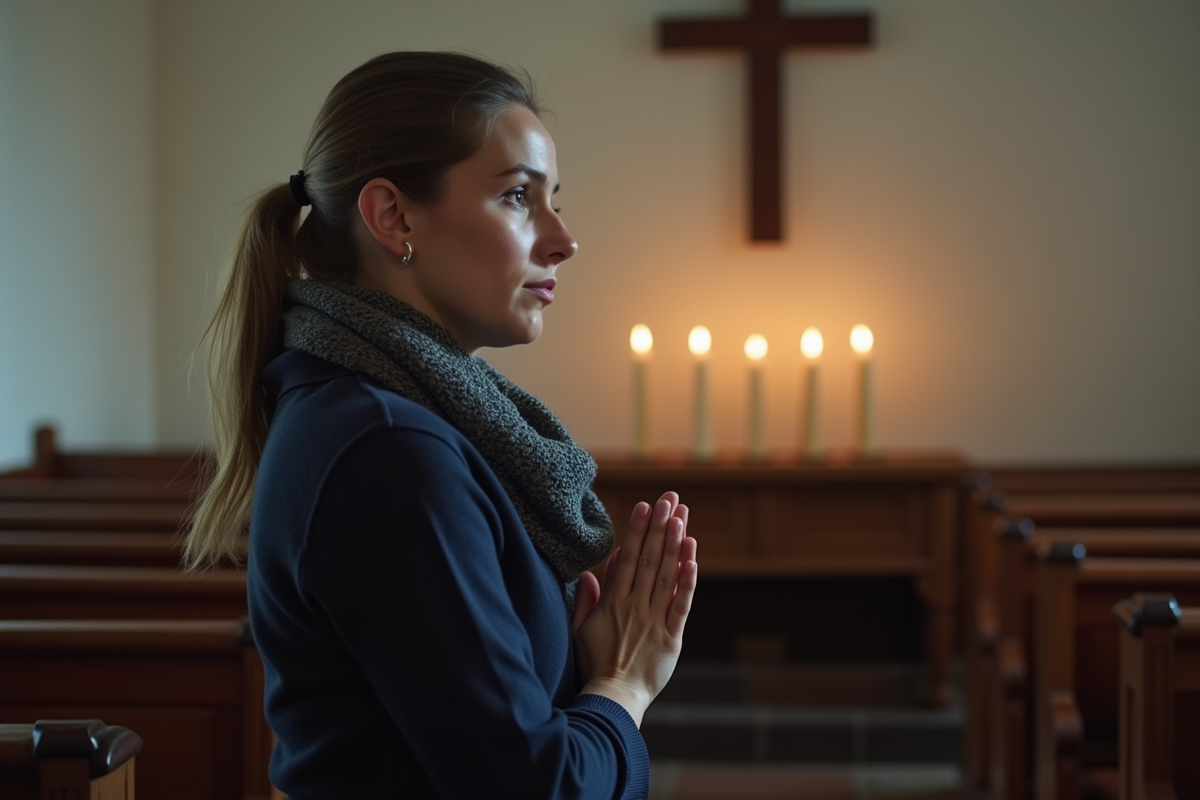 Jeune femme priant devant un autel avec bougies dans une chapelle