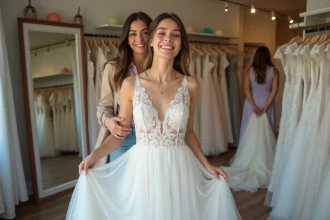 Jeune femme essayant une robe de mariage dans une boutique chaleureuse