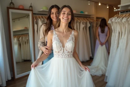 Jeune femme essayant une robe de mariage dans une boutique chaleureuse