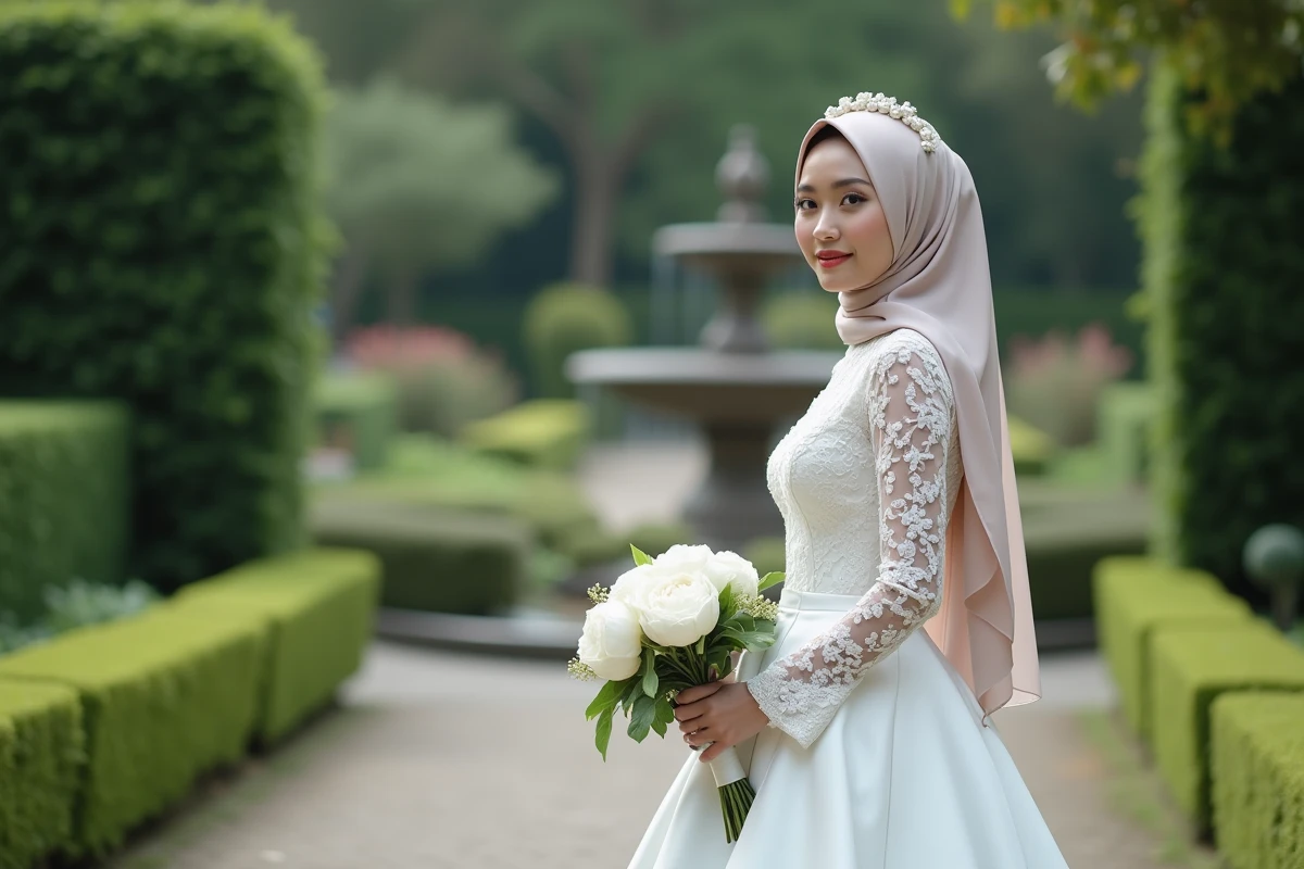 Bride contemporaine dans un jardin avec bouquet de peonies