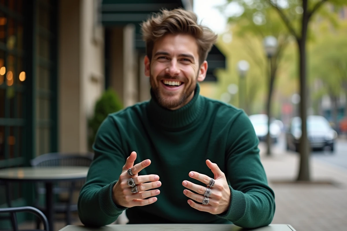 Jeune homme souriant avec anneaux au café en extérieur