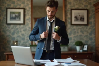 Jeune homme en costume ajusté vérifiant le budget mariage