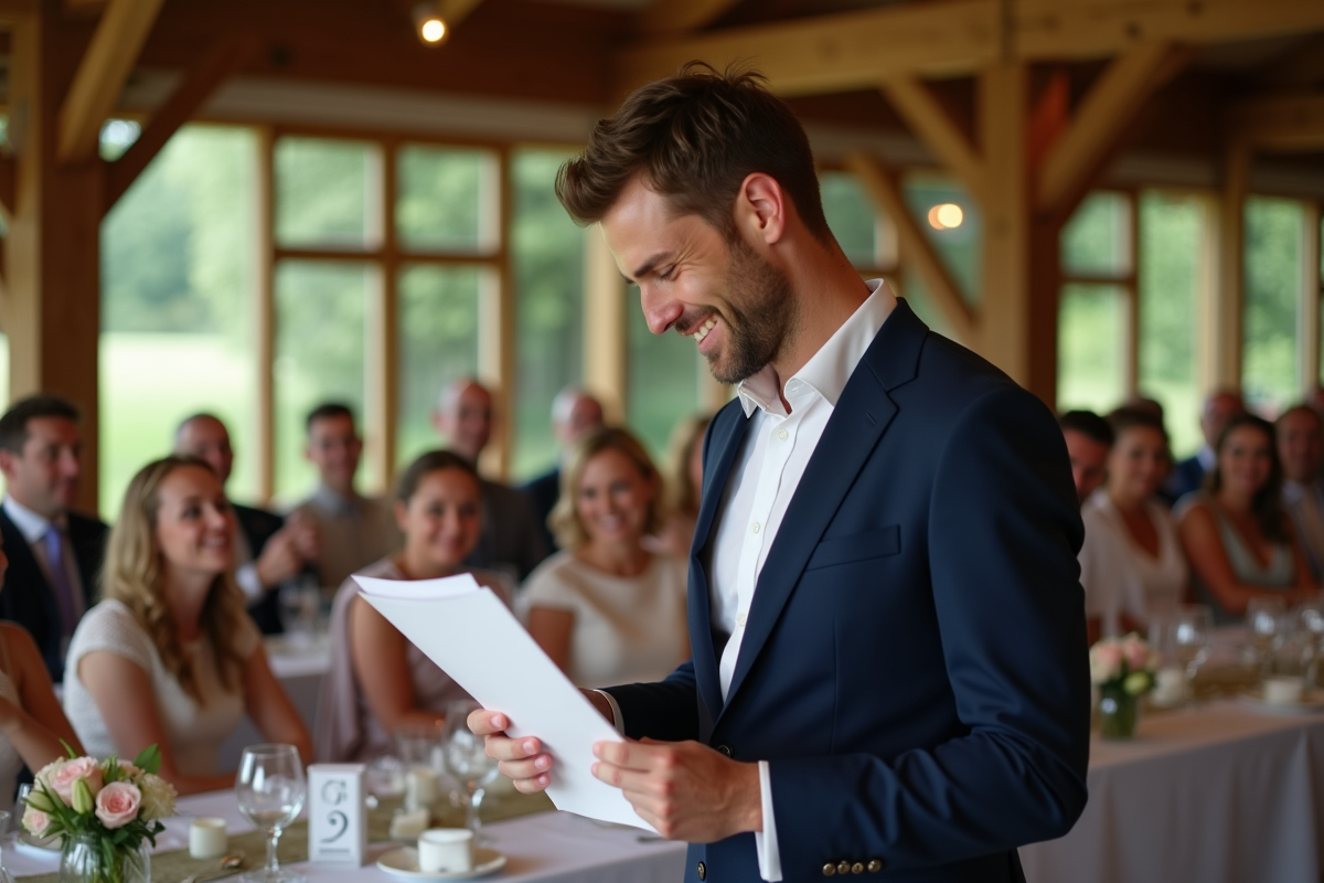 Jeune hôte de mariage lisant une question aux invités