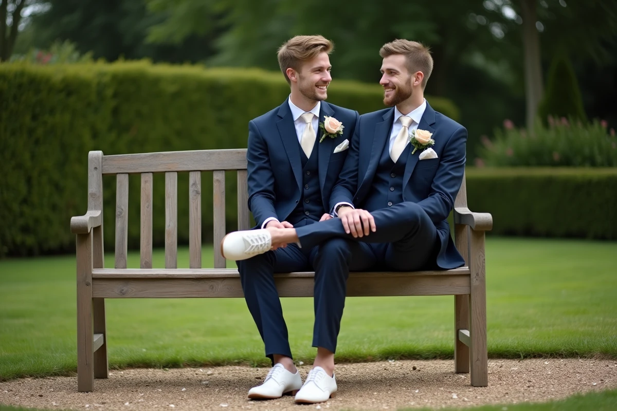 Jeune marié en costume marine assis dans un jardin