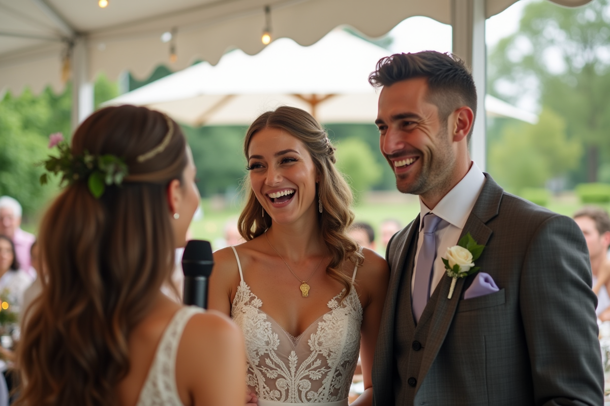 Jeune mariée et marié riant lors d