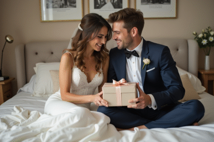 Jeune couple marié souriant en cadeau de mariage
