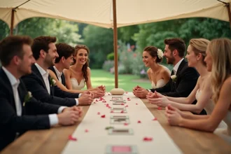 Groupe d'invités de mariage jouant à un jeu de cartes autour d'une table décorée en plein air