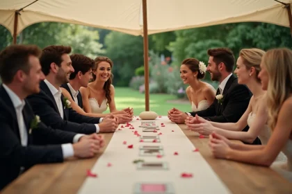Groupe d'invités de mariage jouant à un jeu de cartes autour d'une table décorée en plein air
