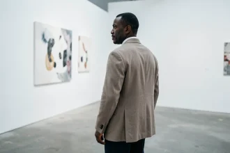 Homme afro-américain élégant contemplant une œuvre d'art dans une galerie minimaliste, illustration pour un article sur Kanye West en 2026