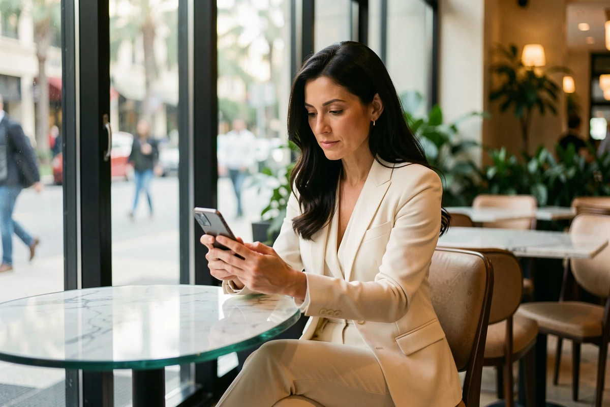 Femme élégante aux cheveux longs consultant son téléphone dans un café chic de Beverly Hills, illustration pour un article sur Kim Kardashian et sa vie amoureuse en 2026
