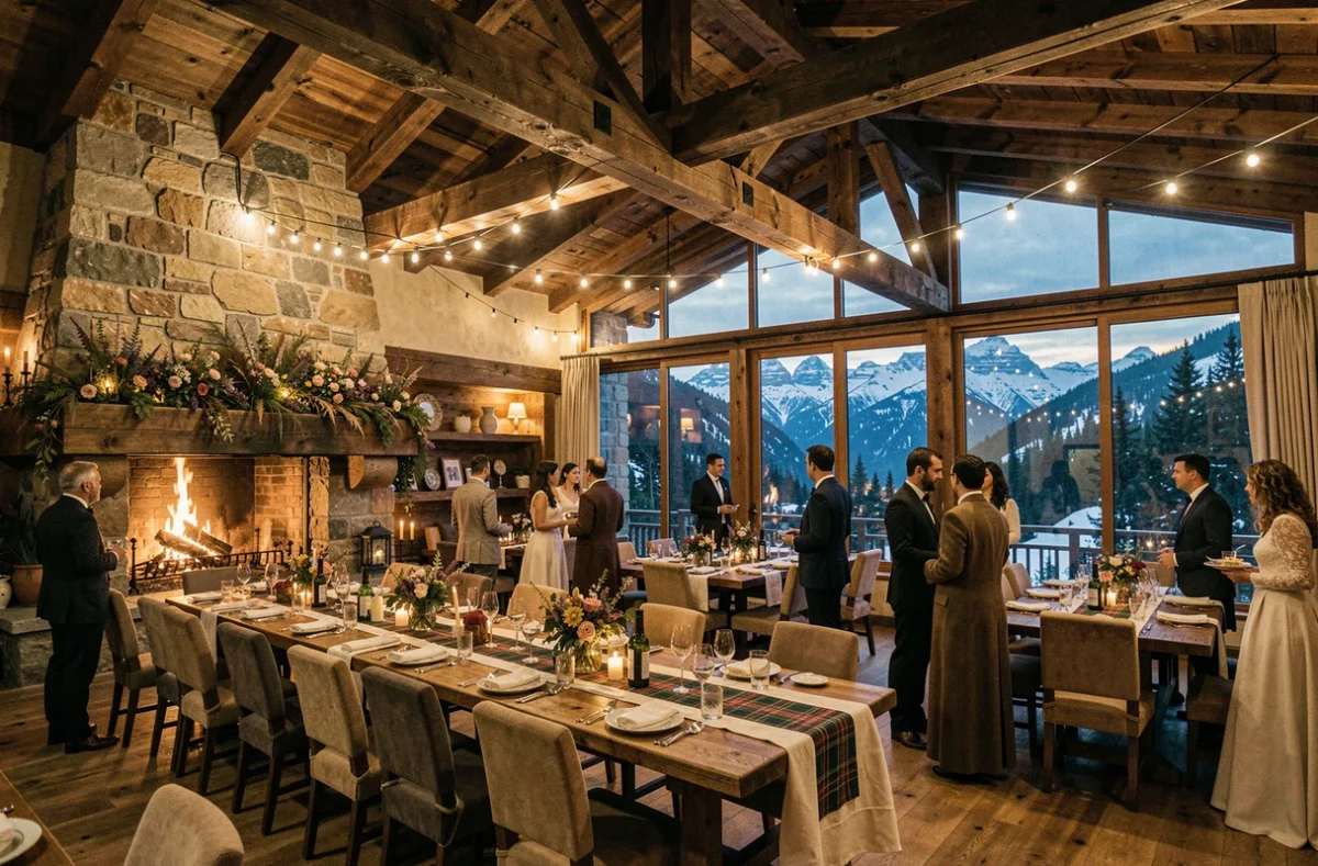 Intérieur du chalet Les Rhodos privatisé pour un mariage en montagne avec décoration alpine et vue sur les sommets enneigés