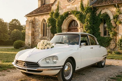 Voiture de mariage vintage décorée de rubans blancs et de roses ivoire devant une église en pierre en Haute-Garonne près de Toulouse
