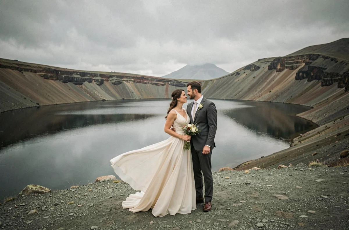 Mariés au bord d'un lac volcanique dans le Puy-de-Dôme lors d'une séance photo de mariage artistique