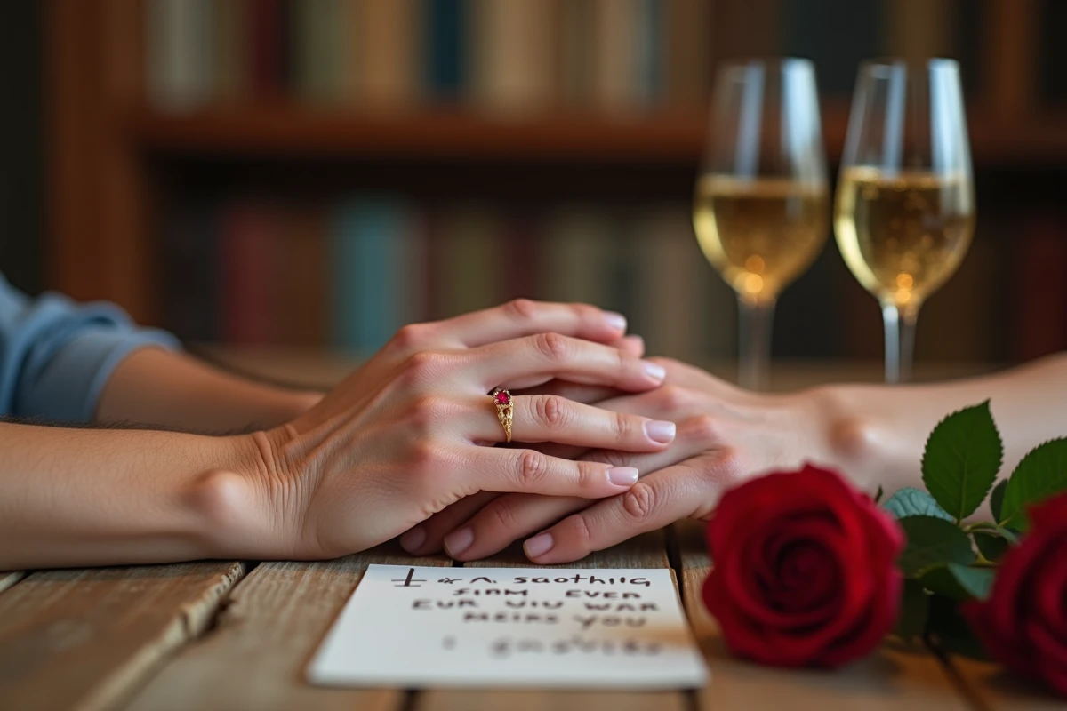 Mains entrelacées d'un couple avec bague en rubis sur une table en bois rustique entourée de roses rouges pour les 35 ans de mariage