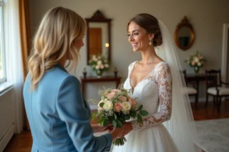 Mariée souriante recevant un bouquet pastel de sa mère