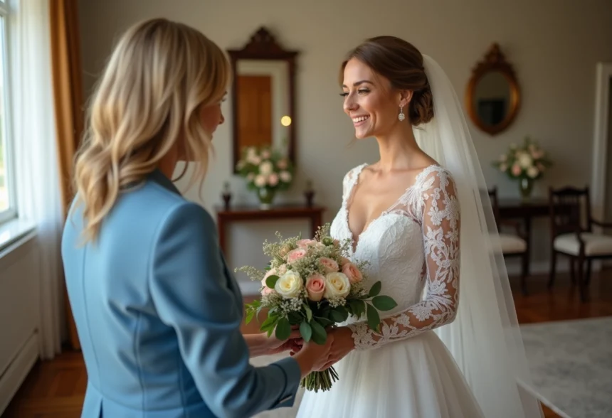 Mariée souriante recevant un bouquet pastel de sa mère