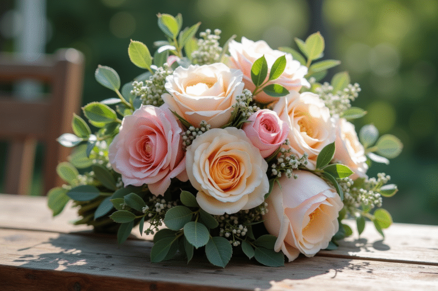 Bouquet de mariage sur table en bois rustique avec roses et eucalyptus