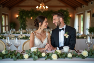 Jeune couple marié souriant à la table de réception