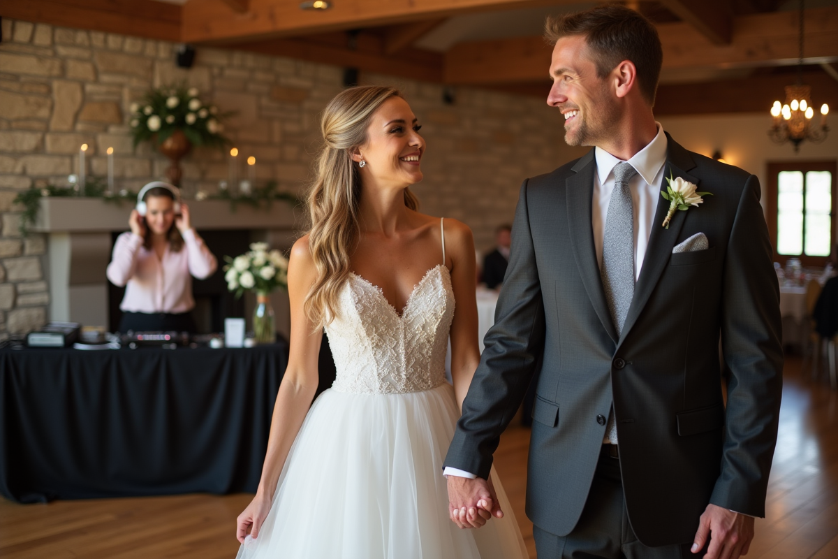 Jeune couple marié danse avec DJ en arrière-plan