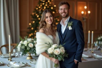 Jeune couple en robe blanche et costume bleu dans un décor de mariage d'hiver