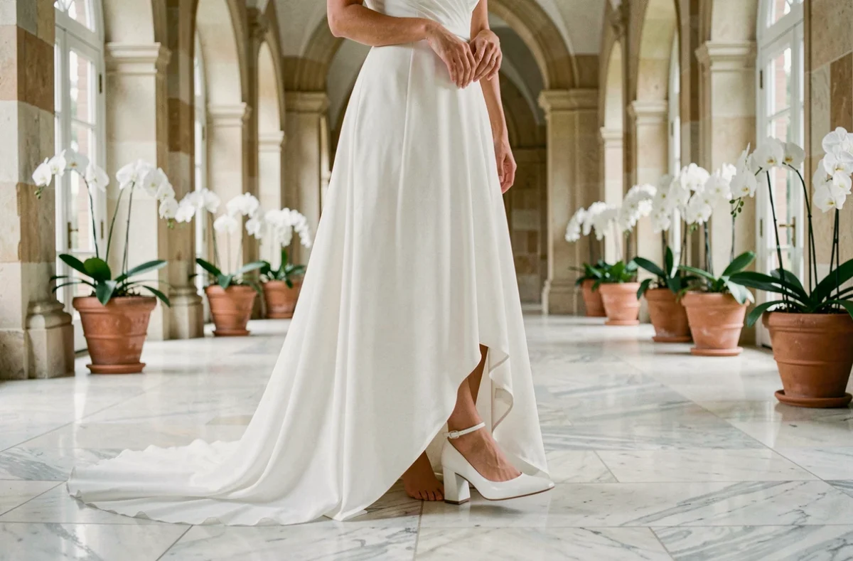Mariée tenant ses escarpins blancs en cuir dans un couloir de château avec sol en marbre et robe de mariée fluide