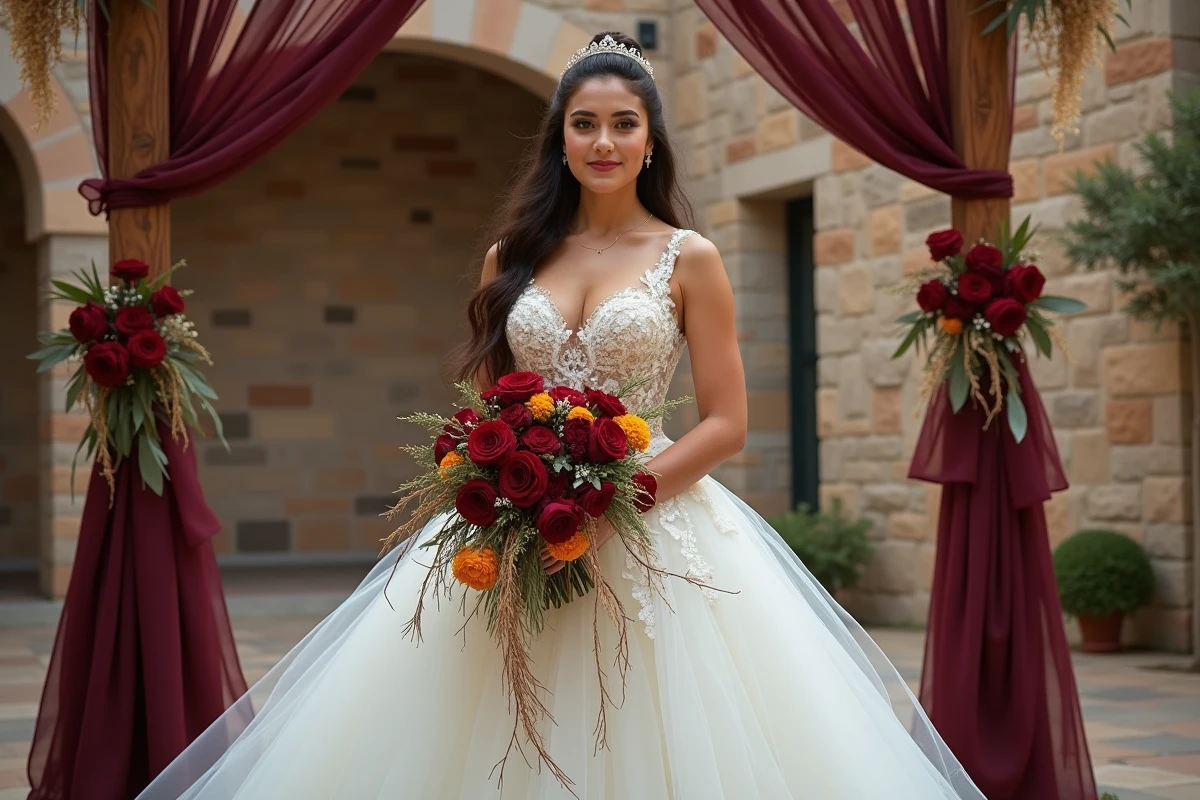 Mariée gitane en robe de dentelle blanche brodée d'or tenant un bouquet de roses rouges devant une arche décorée