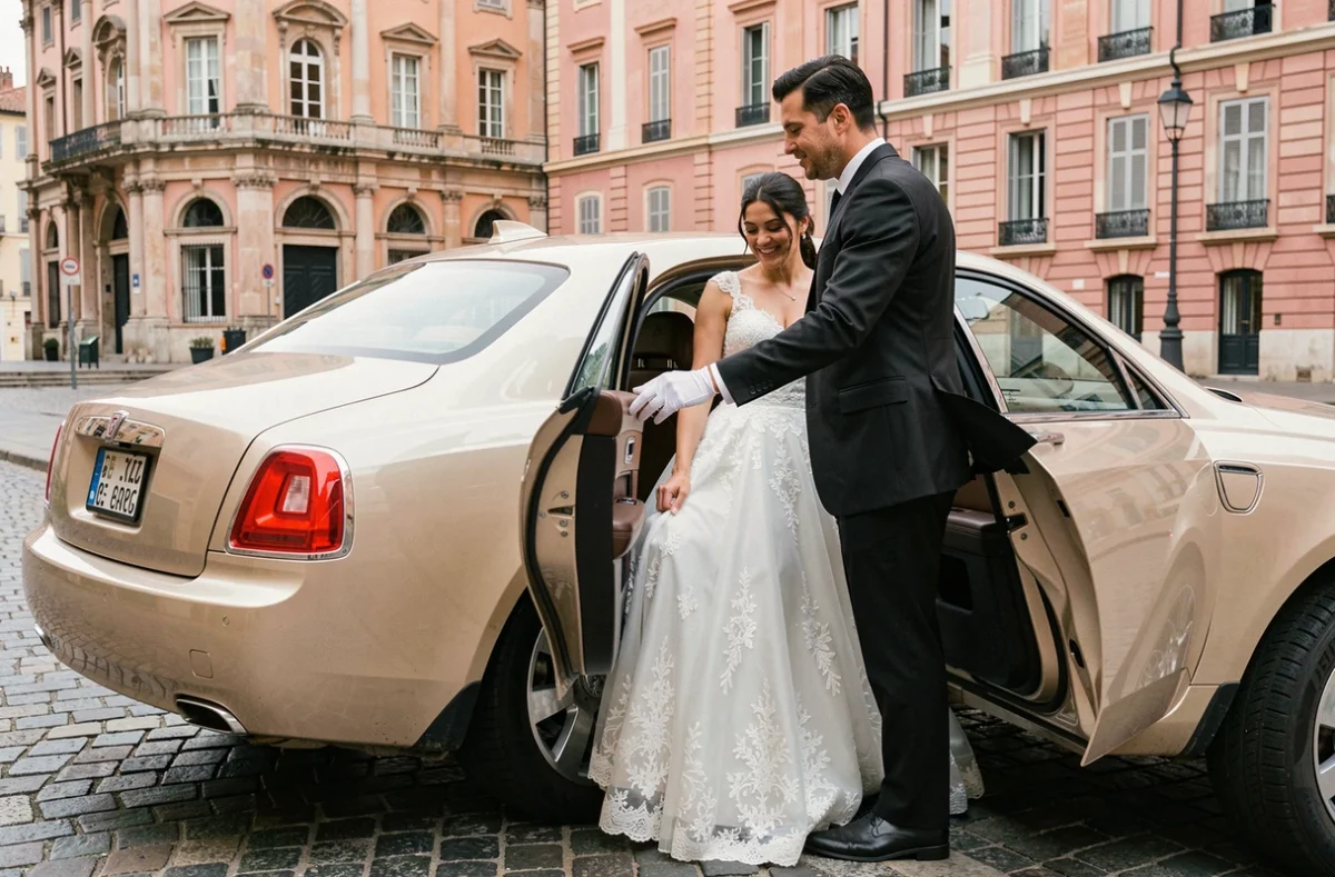 Mariée en robe de dentelle montant dans une Rolls-Royce avec chauffeur en gants blancs sur les pavés de Toulouse pour son mariage en Haute-Garonne