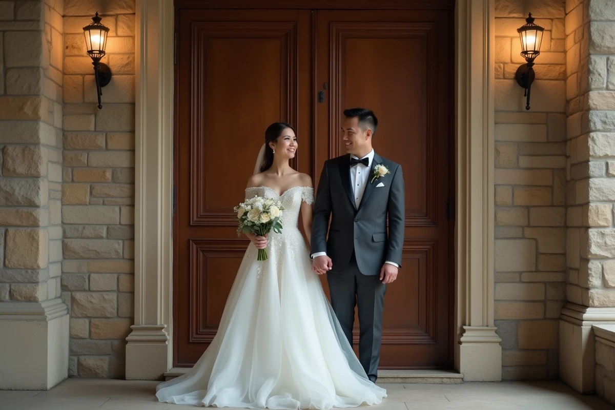 Mariés attendant devant les portes de la salle avant leur entrée officielle lors de la réception