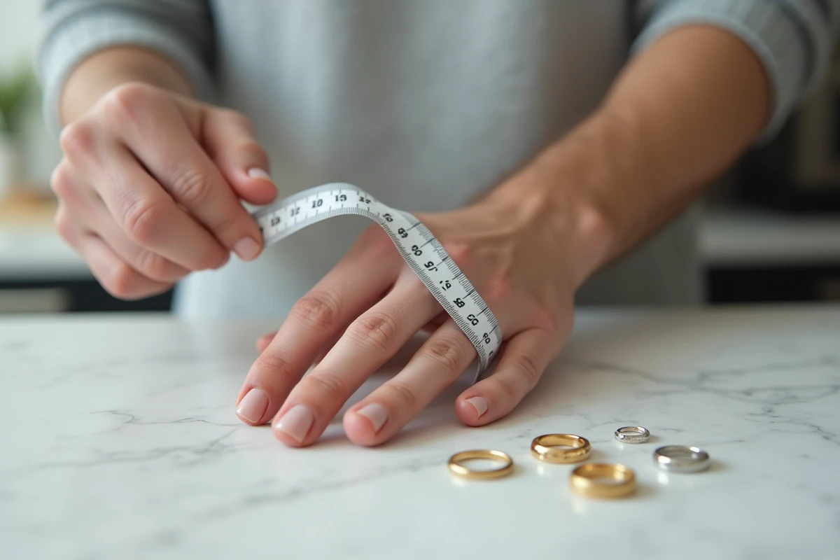 Homme utilisant un mètre ruban souple pour mesurer la taille de son annulaire avec des bagues posées à côté