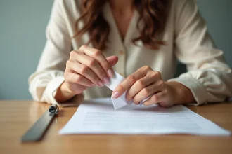 Femme mesurant son tour de doigt avec une bandelette de papier et une règle sur un bureau en bois