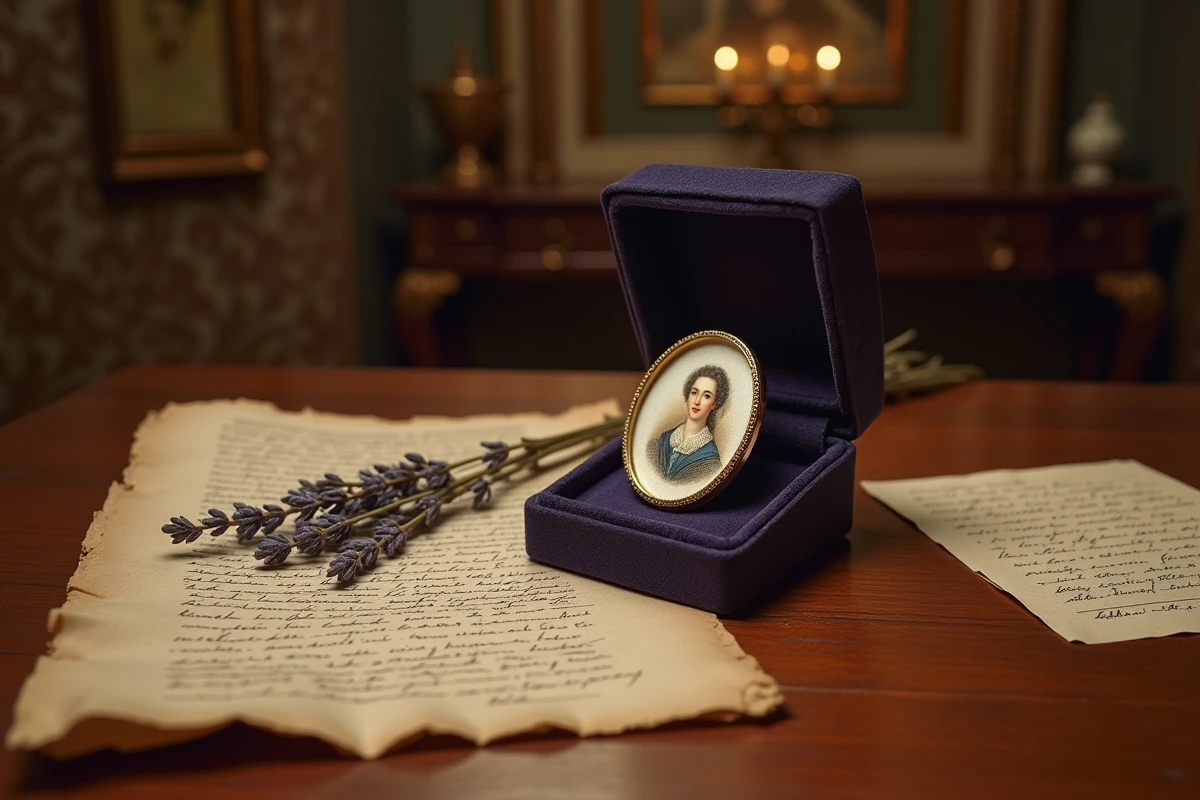 Miniature ancienne sur stand en velours avec lettres et lavande