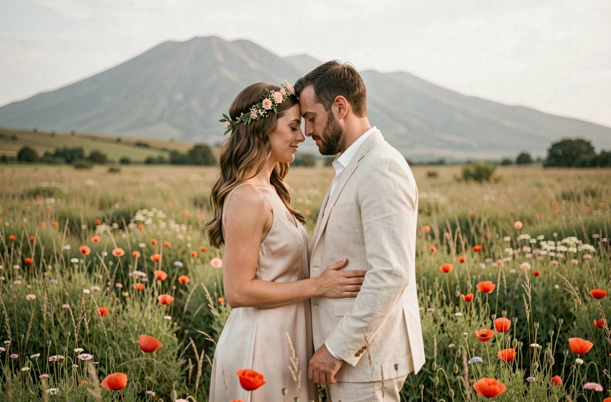 Couple de mariés dans une prairie fleurie avec la Chaîne des Puys en arrière-plan pour une photo romantique