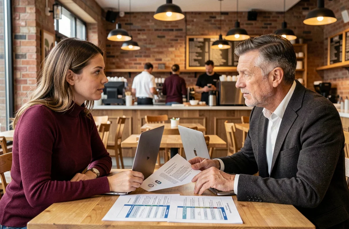 Deux photographes négociant un contrat de prestation et comparant des tarifs horaires autour d'une table dans un café