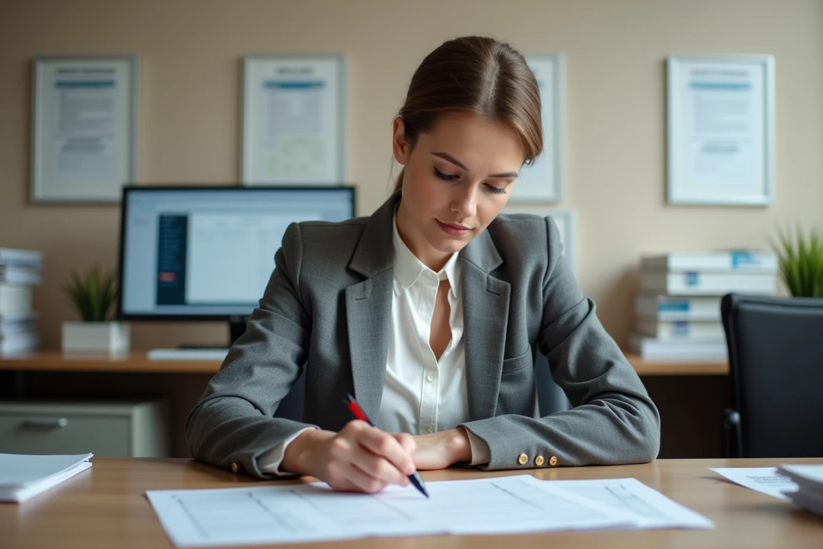 Officier d'état civil tamponnant un avis de publication de bans dans un bureau administratif