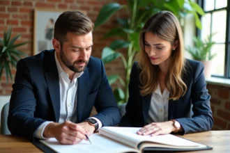 Organisatrice de mariage en blazer bleu avec couple dans un loft