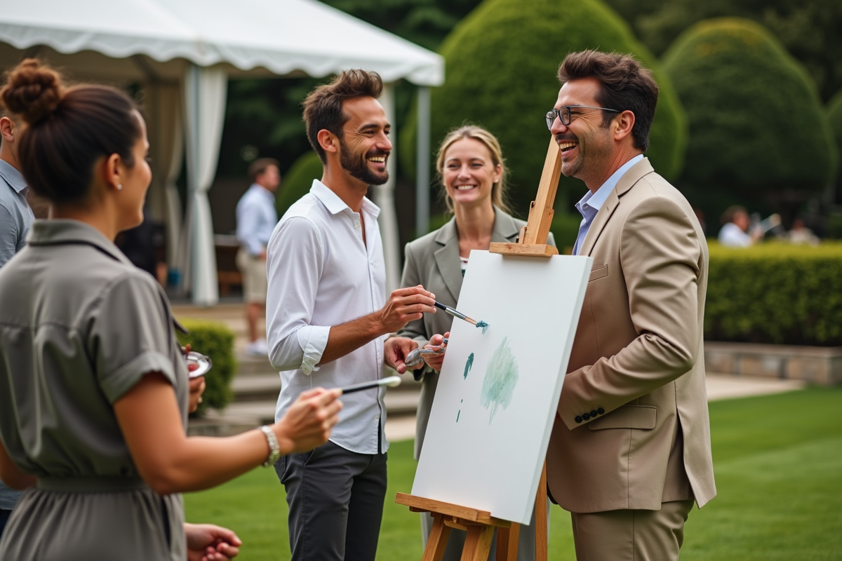 Groupe divers de personnes peignant en extérieur dans un jardin