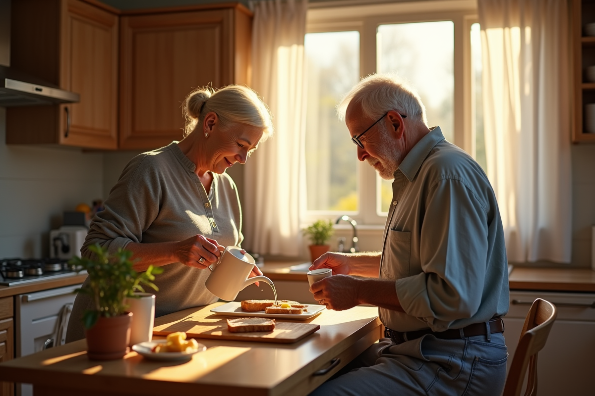 Couple agee preparent le petit dejeuner dans la cuisine