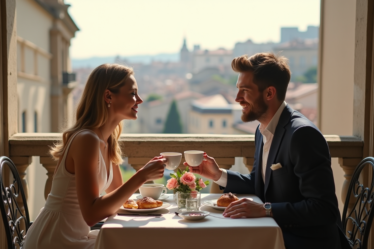 Couple partageant un petit déjeuner romantique en ville