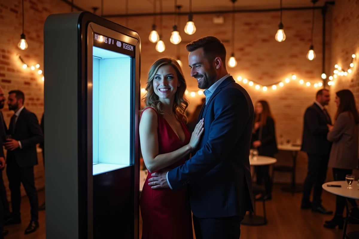 Couple posant dans un photobooth lors d'une soirée anniversaire avec décoration industrielle chic