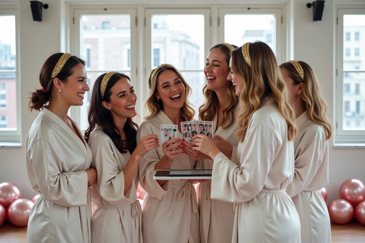 Groupe d'amies en robe satinée blanche découvrant leur photo imprimée par un photobooth KRUU lors d'un EVJF