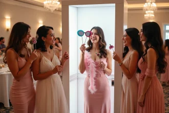 Groupe de femmes s'amusant autour d'un photobooth KRUU lors d'une réception de mariage décorée