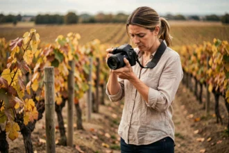 Photographe professionnelle en train de régler son appareil photo dans un vignoble près de Cadaujac en Gironde