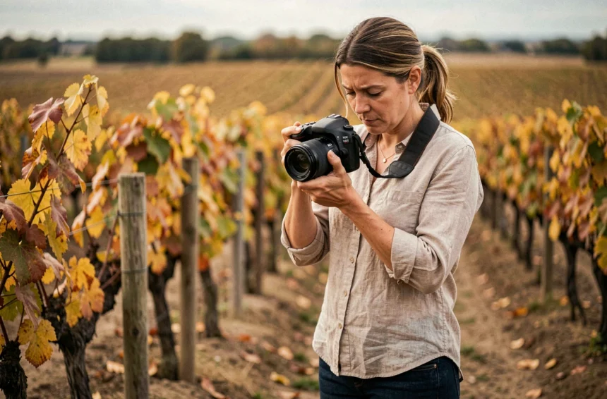 Photographe professionnelle en train de régler son appareil photo dans un vignoble près de Cadaujac en Gironde