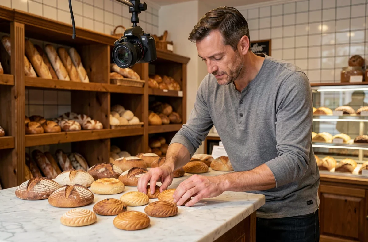 Photographe commercial installant une séance photo culinaire dans une boulangerie artisanale à Amiens