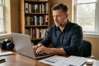 Photographe professionnel consultant ses tarifs horaires sur un ordinateur portable dans un bureau équipé de matériel photo