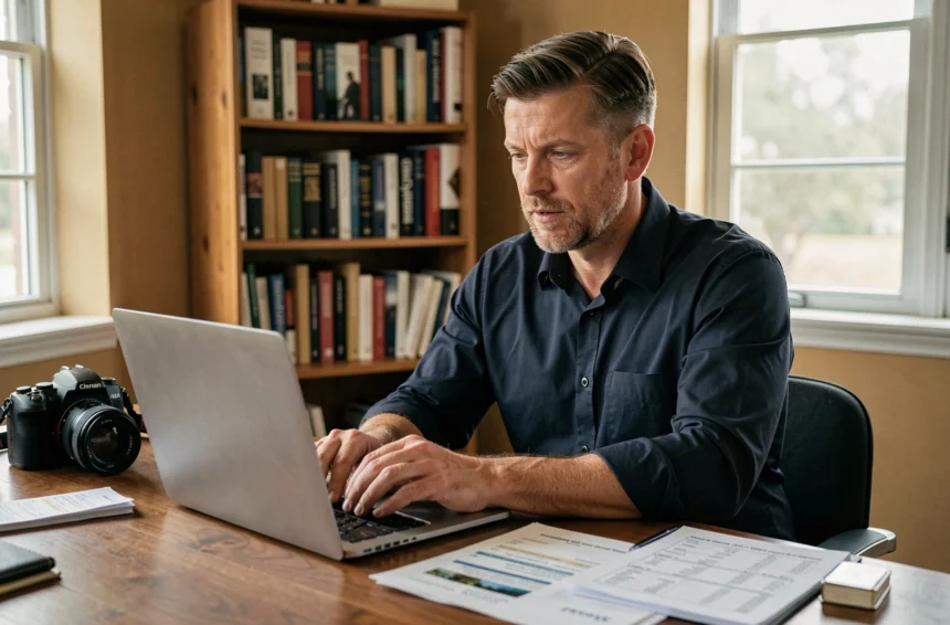 Photographe professionnel consultant ses tarifs horaires sur un ordinateur portable dans un bureau équipé de matériel photo