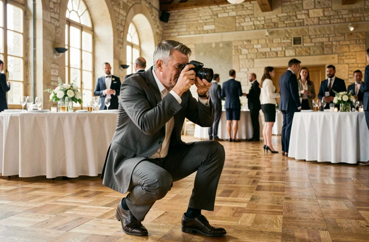 Photographe en action lors d'une réception d'entreprise dans une salle de réception à Blois
