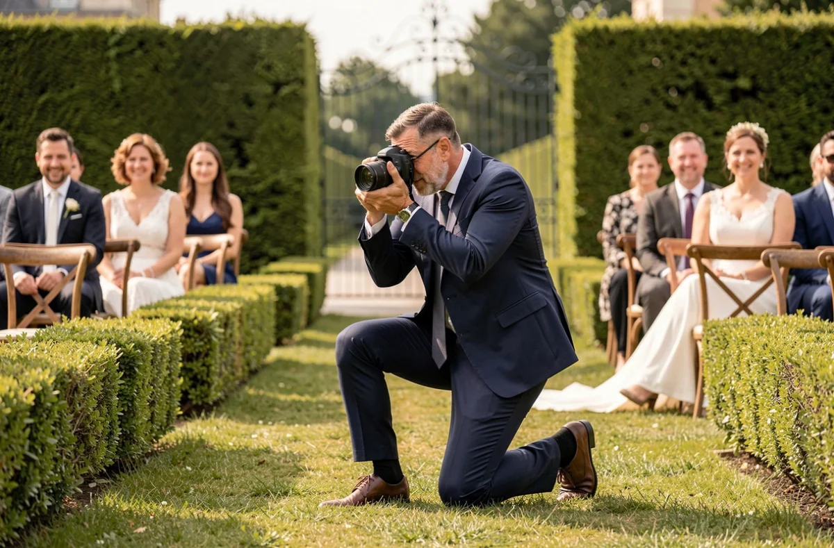 Photographe de mariage en action lors d'une cérémonie en plein air dans un jardin élégant à Amiens
